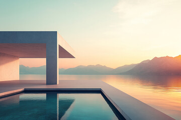 Fototapeta premium Abstract 3D rendering of minimalist style architectural space scene, mountain and lakeside building