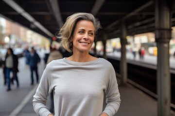 Fototapeta premium Portrait of a satisfied woman in her 50s showing off a thermal merino wool top isolated in bustling city subway background