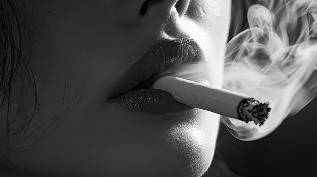 Close-up of a lit cigarette between someones lips, smoke curling around their face as they inhale, focusing on the cigarette and smoke.