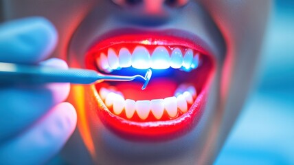 Naklejka premium Close-up of a dental procedure highlighting bright teeth and a dental tool, showcasing modern dental care technology.