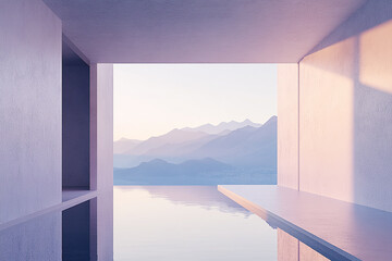 Abstract 3D rendering of minimalist style architectural space scene, mountain and lakeside building