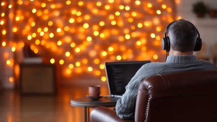 Fototapeta premium A cozy scene featuring a person enjoying music while working on a laptop, surrounded by soft glowing lights.