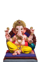 Ganesha Idol. Hindu God Ganesha on white background, Ganesh festival. Pune, Maharashtra, India. copy space, cover, background.