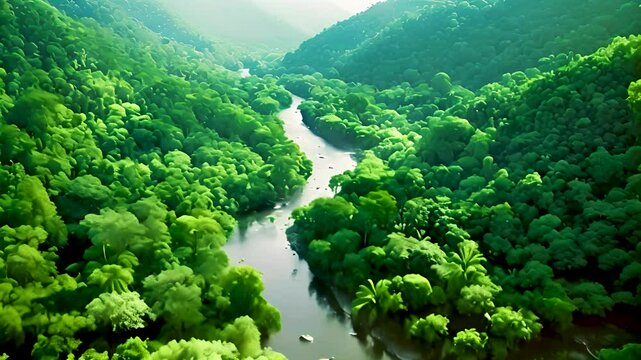 上空から見た熱帯雨林のジャングルと川
