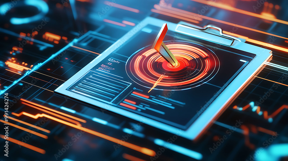 Aufkleber a digital clipboard with a holographic display showing a target with a needle pointing at the center