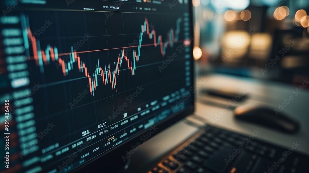 Poster financial trading chart displayed on a computer screen in a bright office environment during the day