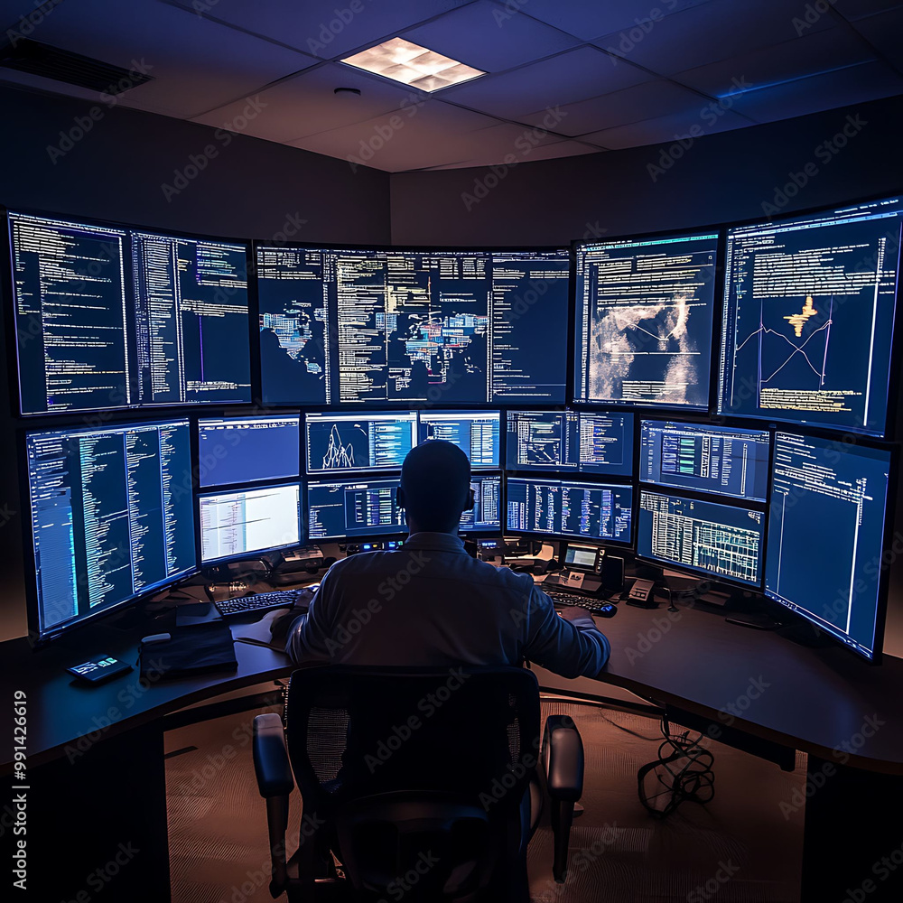 Aufkleber a man sits in front of a wall of monitors, looking at data and code.