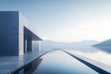 Abstract 3D rendering of minimalist style architectural space scene, mountain and lakeside building