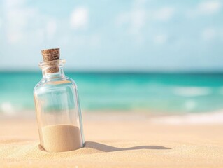 A serene beach scene featuring a glass bottle filled with sand, symbolizing messages in a bottle and coastal tranquility.