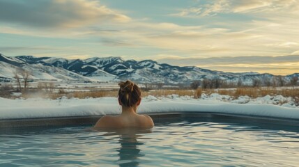 Portrait of young carefree happy woman relaxing at hot tub during enjoying happy traveling moment vacation