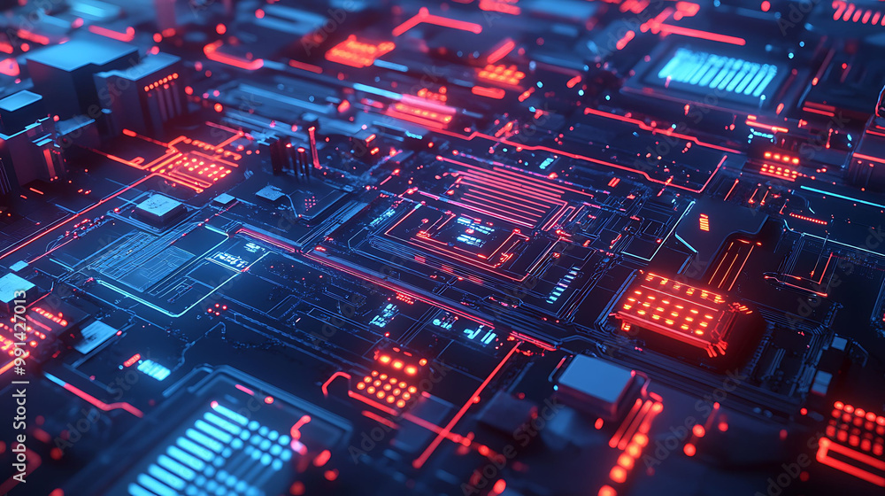Poster abstract futuristic technology background with glowing red and blue lines on a dark circuit board.
