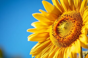 Naklejka premium Bright sunflower against a clear blue sky brings joy and warmth. A close-up view showcasing vibrant yellow petals and intricate details. Perfect for nature lovers. Generative AI