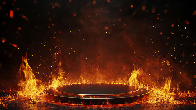 A circular platform made of metal, engulfed in flames, with sparks flying around it.