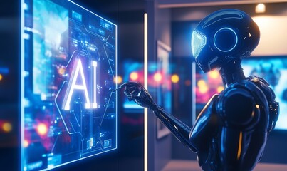 Obraz premium Robot interacting with a digital display of AI.