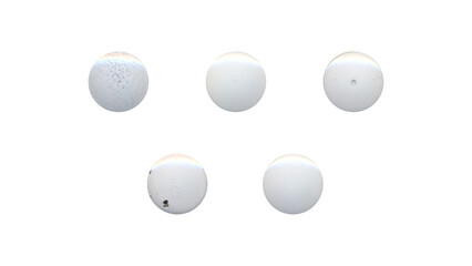 a set of white clear circles, empty stationery tacks in png format, front view, isolated metal push rounded pins on transparent background