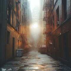 Fototapeta premium Old street in New York City at sunset, Manhattan, USA.