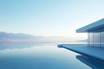 Abstract 3D rendering of minimalist style architectural space scene, mountain and lakeside building