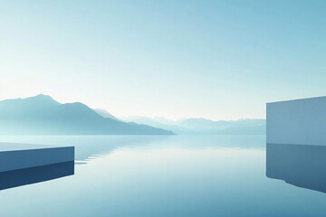Abstract 3D rendering of minimalist style architectural space scene, mountain and lakeside building