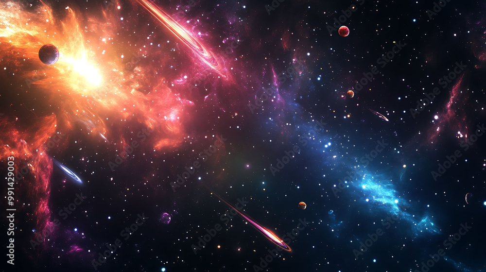 Poster a vast and colorful nebula with bright stars and planets in the deep space.