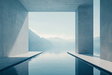 Abstract 3D rendering of minimalist style architectural space scene, mountain and lakeside building