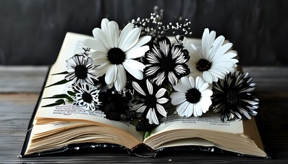 Monochrome Elegance: An Open Book Surrounded by Delicate Flowers