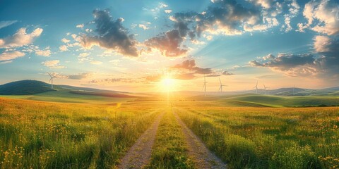 Fototapeta premium Breathtaking wind farm at sunset with turbines silhouetted against a vibrant sky