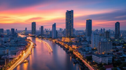 Fototapeta premium Glowing Cityscape: Vibrant Sunset Reflections on River with Light Trails in Busy Streets