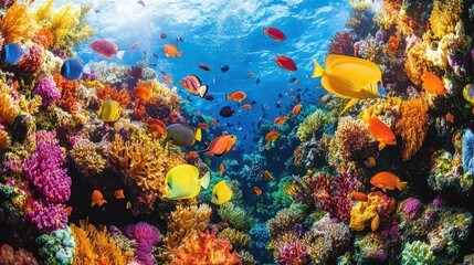 Obraz premium Underwater Wonderland: Colorful Coral Reef teaming with Exotic Tropical Fish in Vibrant Waters