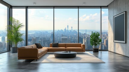 Fototapeta premium Modern Minimalist Living Room with Panoramic City Views and Stylish Design Elements