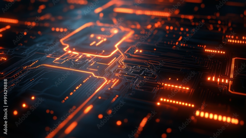 Poster futuristic technology concept with glowing circuit board featuring intricate patterns of light and d