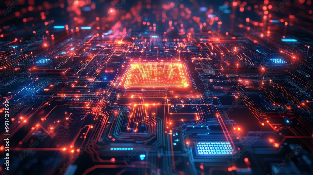 Poster futuristic technology concept with glowing circuit board featuring intricate patterns of light and d