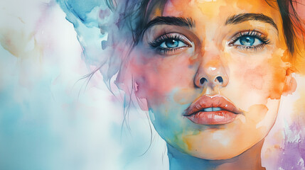 Foto op Plexiglas Close-up portrait of a woman with blue eyes, vibrant watercolor splashes, artistic style