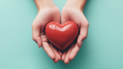 Fototapeta premium Hands Holding Heart-Shaped Object on Turquoise Background