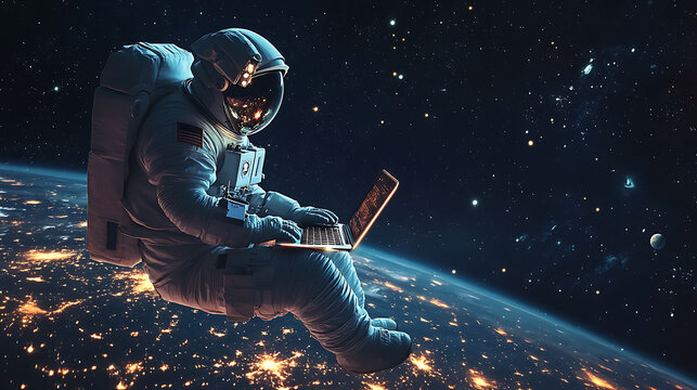 An astronaut floats in space, working on a laptop computer with Earth in the background.