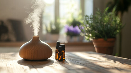 Essential Oils Diffuser on Wooden Surface with Steam