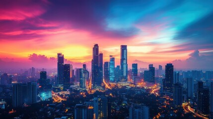Fototapeta premium Vibrant cityscape at sunset with glowing skyscrapers