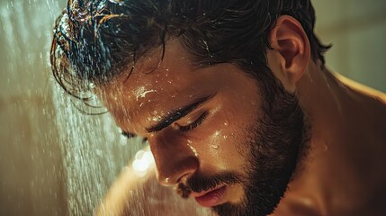 Handsome young man with a beard washing his hair in a high-end hotel shower, the water glistening as it runs down his face and body.