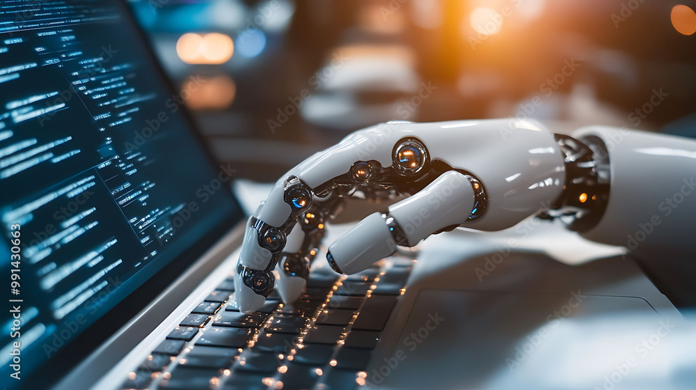 Poster robotic hand typing on a laptop keyboard with code displayed on the screen.