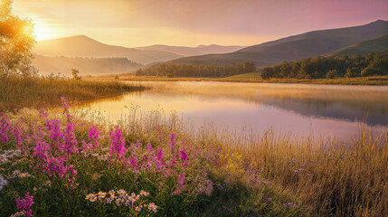 Obraz premium A tranquil sunrise over a misty lake, wildflowers in full bloom in the foreground, mountains in the background.