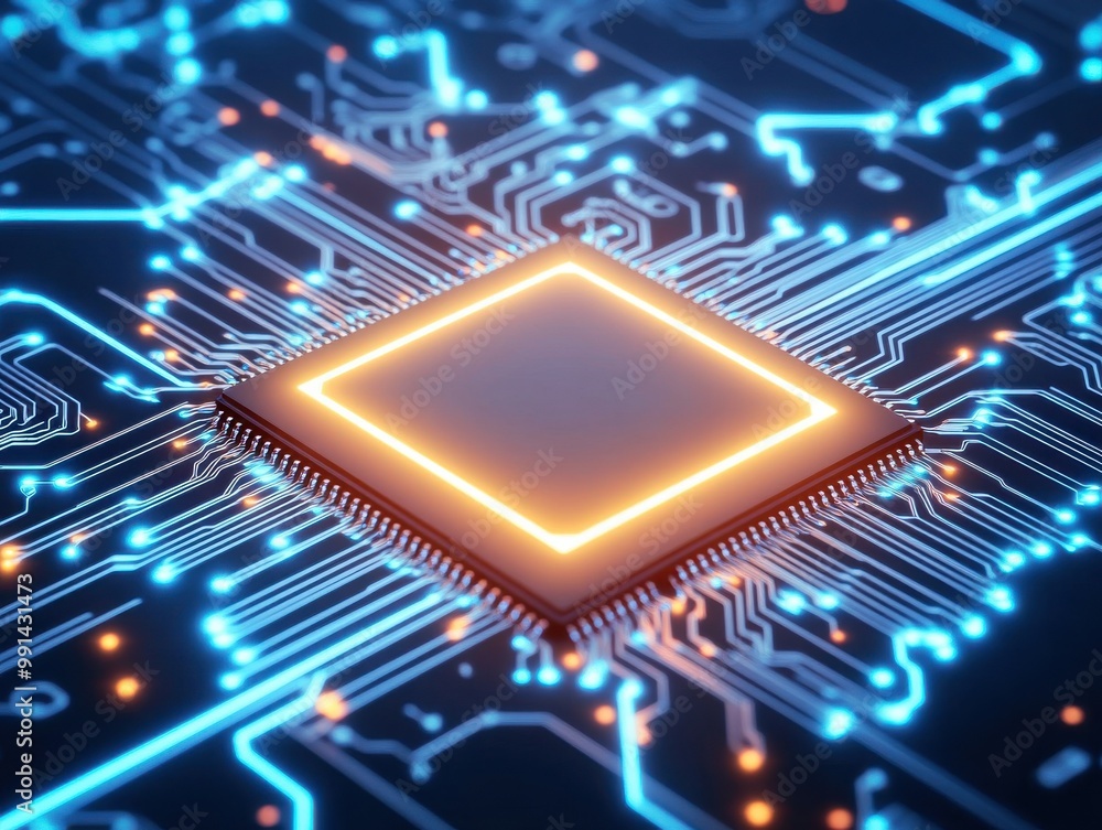 Poster detailed close-up of a modern microprocessor on a circuit board, showcasing intricate designs and gl