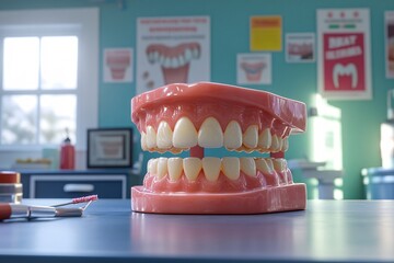 A dental model of a mouth showcasing teeth set on a table, against a backdrop of dental posters and a bright, vibrant room.