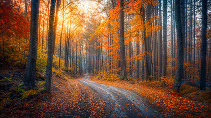 Obraz premium A tranquil autumn forest with a winding path covered in golden and orange leaves, bathed in warm sunlight.