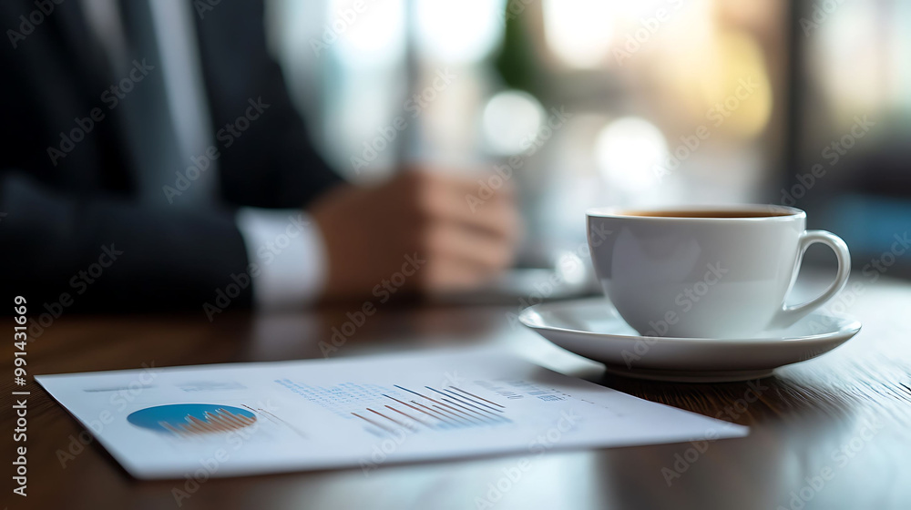 Poster a close-up of a cup of coffee on a desk with a business report and a blurred figure in the backgroun