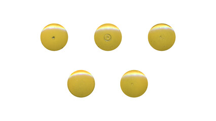 Fototapeta premium a set of yellow clear circles, empty stationery tacks in png format, front view, isolated metal push rounded pins on transparent background