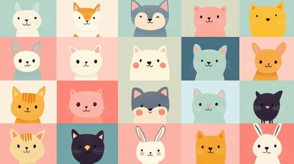 A colorful collection of adorable animal faces, featuring cats, dogs, and rabbits in a playful, charming design.