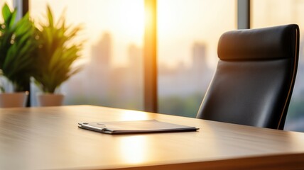 Modern office workspace with a sleek chair, desk, and sunset view, ideal for business and productivity imagery.