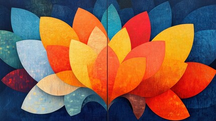 Striking abstract diptych featuring bold geometric sunflower petals on a striking, cobalt blue base