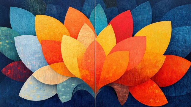 Striking abstract diptych featuring bold geometric sunflower petals on a striking, cobalt blue base
