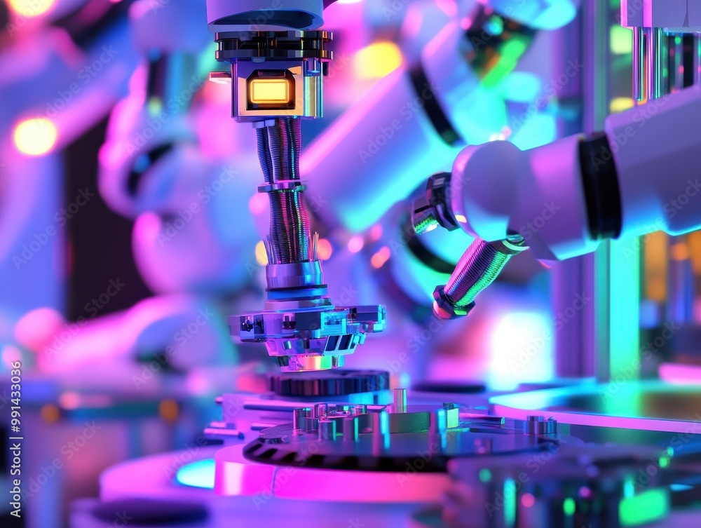 Poster robotics automation with vibrant machines, sleek design, dynamic energy.