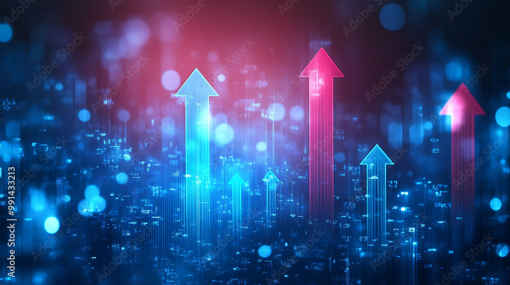 Poster abstract glowing arrows pointing upwards over digital background, representing growth and progress.